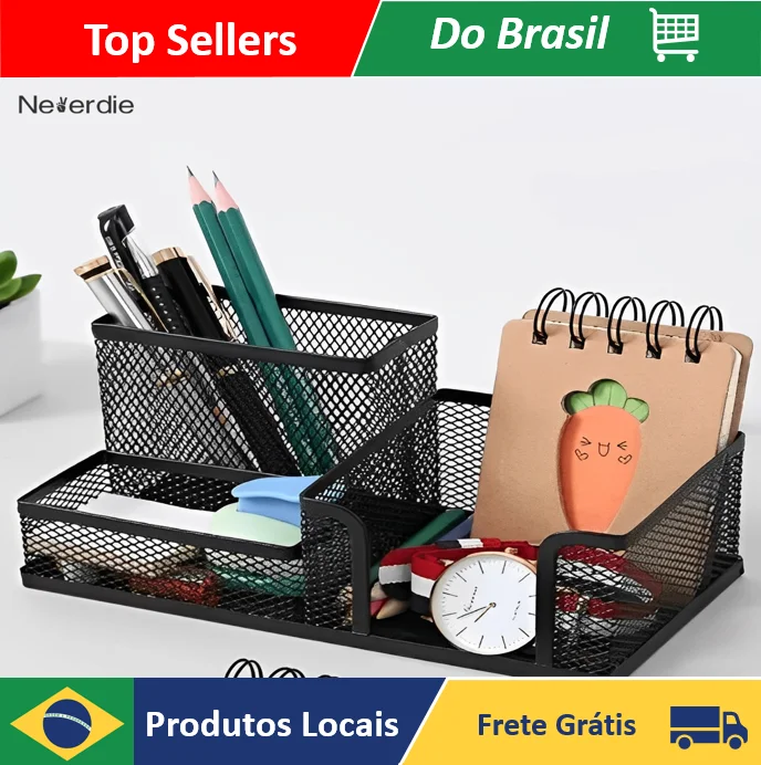 Metal Desk Organizer 3 Divisions Wire Mesh Pencil Pen Clips Holder for Office Home Desk Black