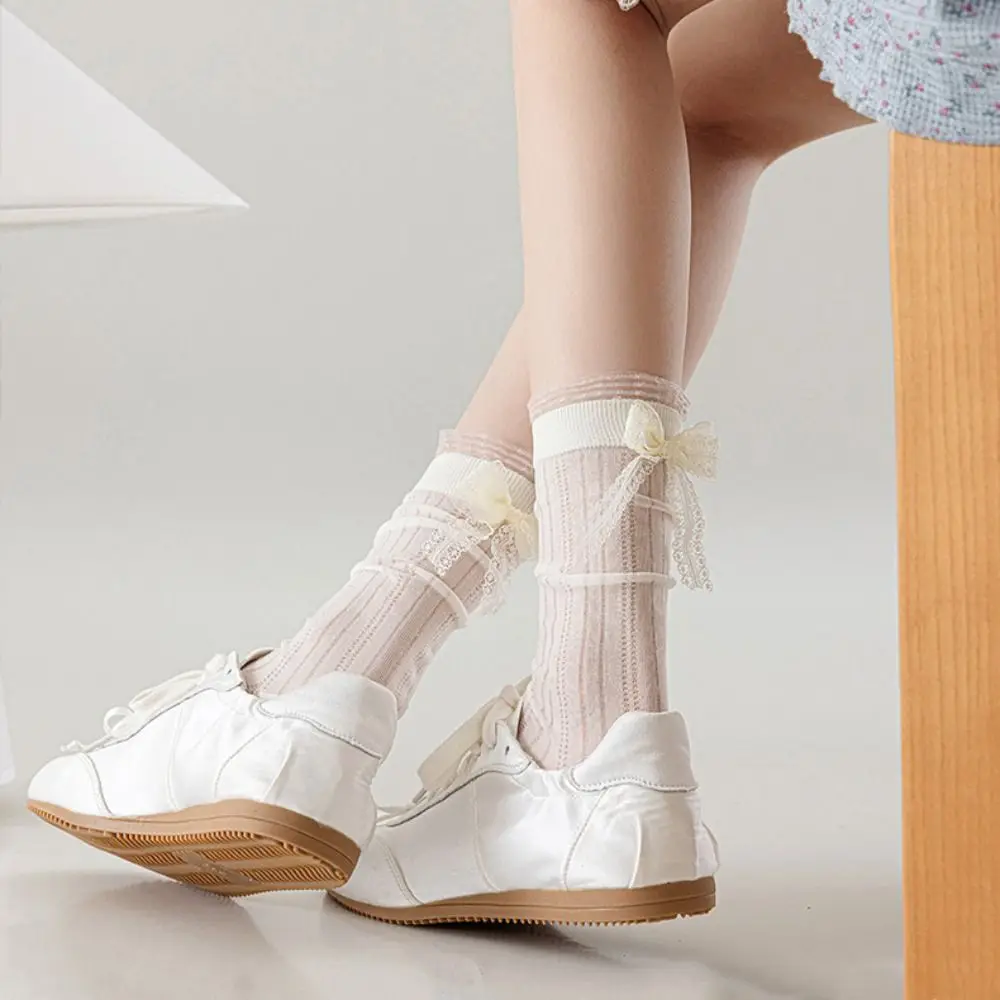 

3Pairs Cute Ruffle Mesh Bowknot Socks Breathable Ballet Style Mid Tube Socks Lolita Female Hosiery Sweet Socks Women Streetwear