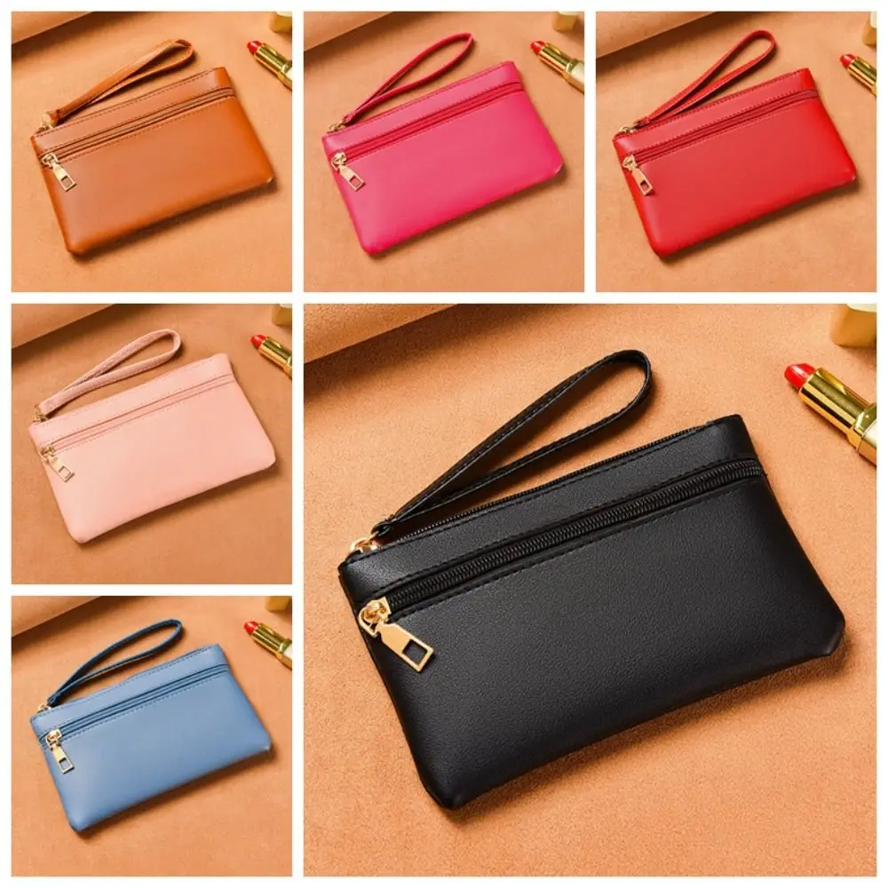 Simple Korean Style Zipper Coin Purse Wallet Coin Purse Small Item Bag PU Solid Color Double Pouch Wallet Outdoor