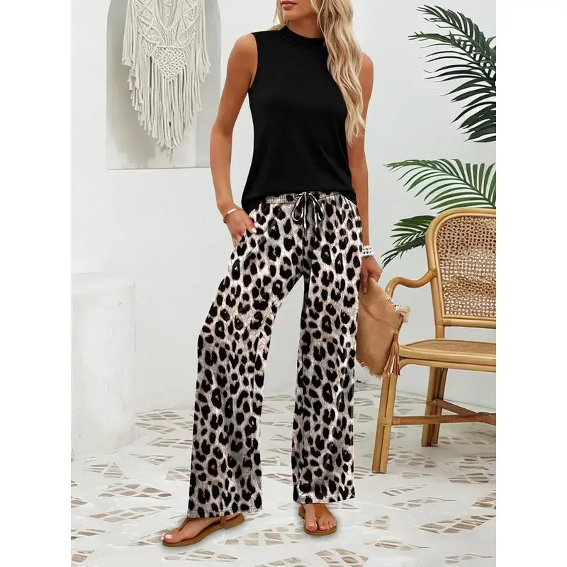 Two Piece Set Women Summer Spring Outfits Cruise Travel Airport Beach Vacation Mock Neck Wide Leg Pants Set