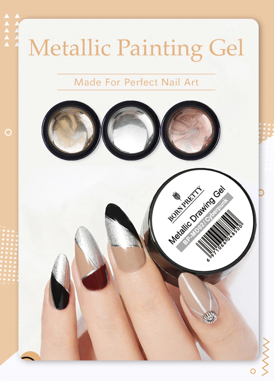 BORN PRETTY 5ML Gold Metallic Gel Polish Silber Spiegeleffekt Französisches Design Linien- und Blumenzeichnungsgel UV Soak-Off Lack Maniküre – Detail 1