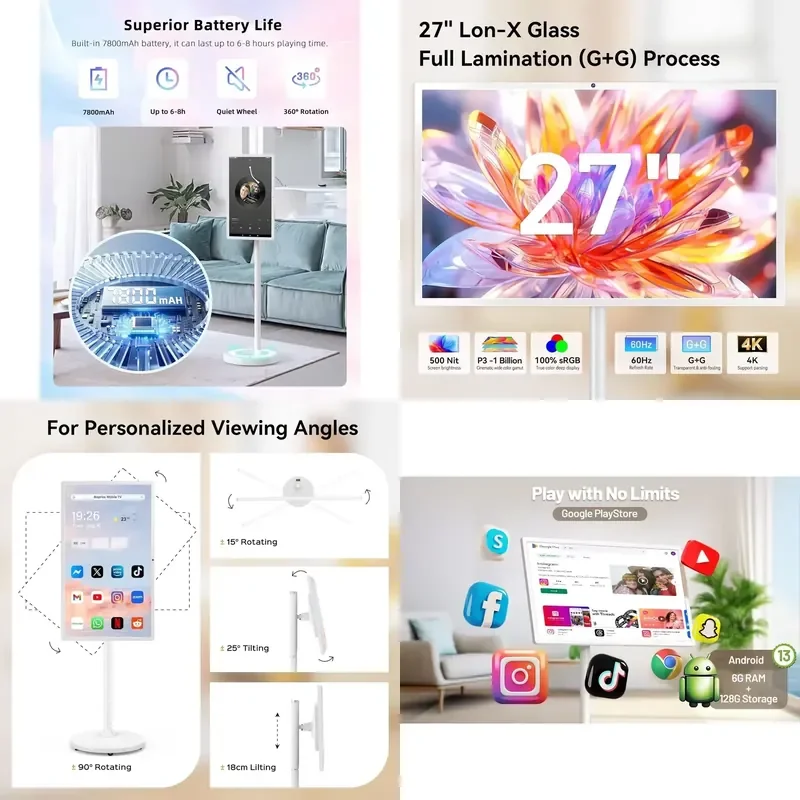 27 Inch Android Smart TV Touch Screen Interactive Display with Movable Stand and Charging Port for Commercial Digital Signage