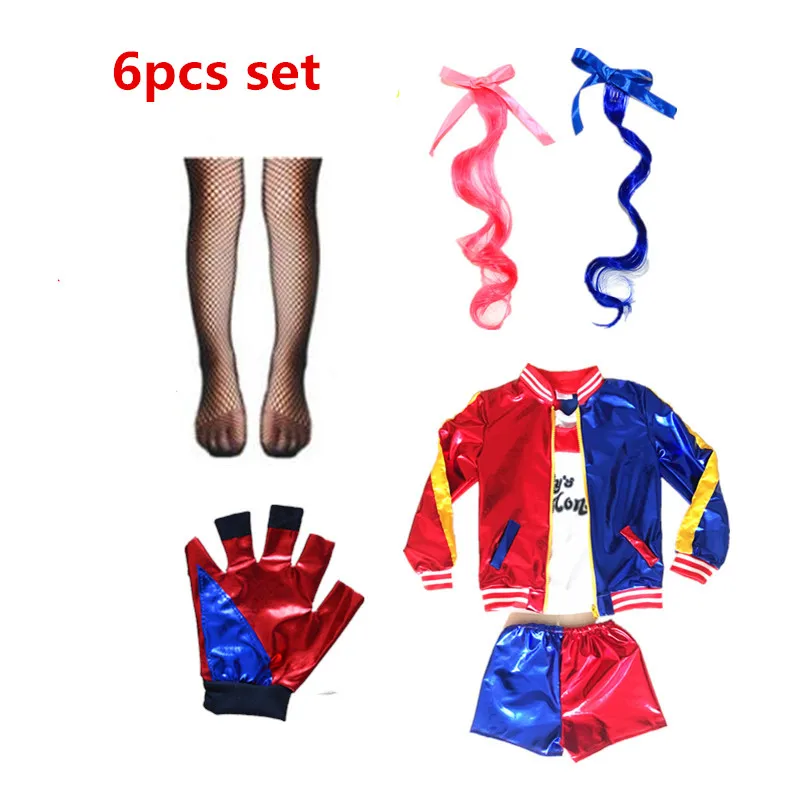 Children's Day Kids Girls Suicide Harley Cosplay Costumes Squad Quinn Monster Jacket fishnet stockings tattoo stickers Pants Set