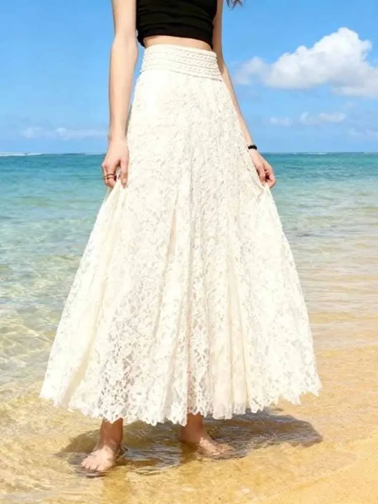 2026 Floral Openwork Lace Pleated Maxi Skirt Slim Fit Elastic Waist Long Flowy Dress For Women