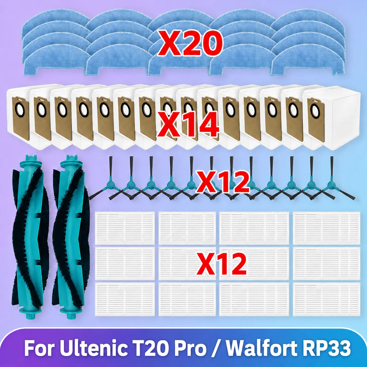Совместимо с ( Walfort RP33 / Ultenic T20 Pro) Запчасти для пылесоса Основная щетка Боковая щетка Мешок для пыли HEPA-фильтр Ткань для мытья Аксессуары