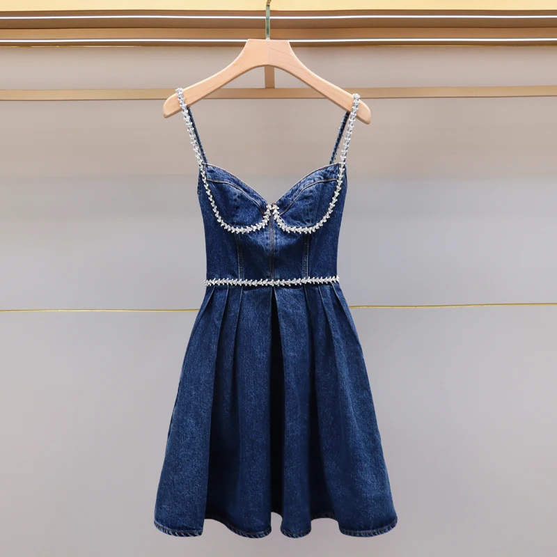 2024 New Runway Design Summer Denim Sleeveless Short Dress For Women Diamonds Spaghetti Strap Sexy Backless Party Mini Vestidos