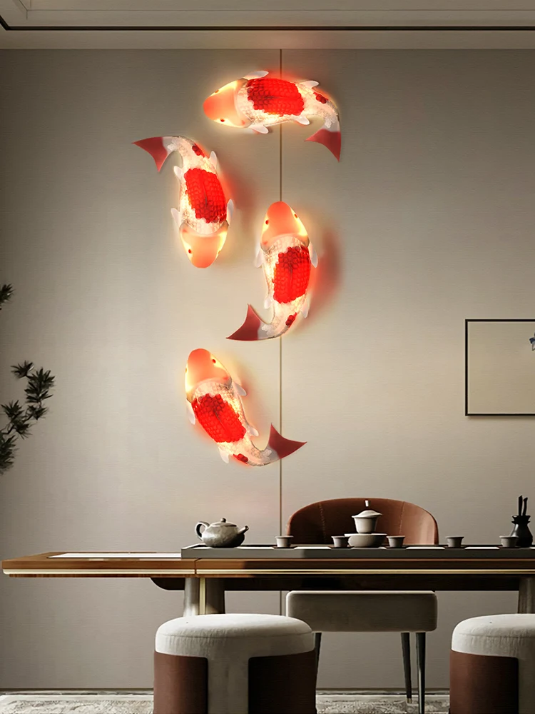 Chinese style hotel, homestay, tea room, restaurant, private room, entrance, background wall decoration, carp lamp