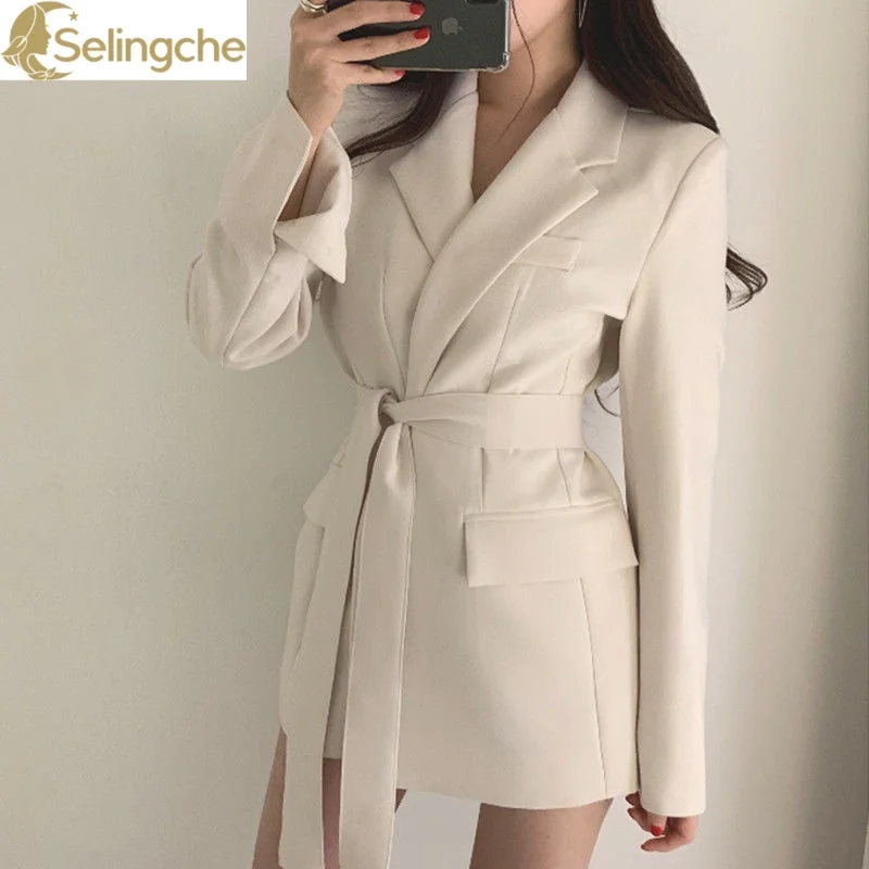 

2024 Spring and Autumn New Korean Edition Temperament Commuter Belt Simple Mid Length Suit Coat Casual Small Suit Girl