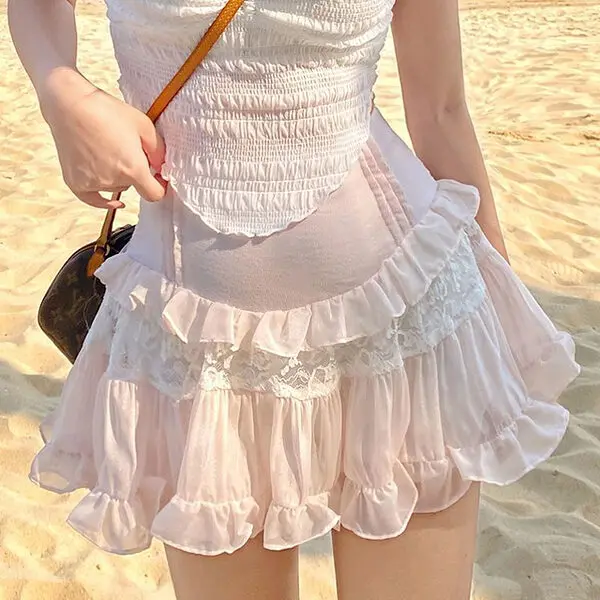 Women's Summer 2024 Trend Mini Skirt Sweet and Cute Girly Style Cake Skirt High Waist Lace Spliced ​​Ruffle Hem A-Line Skirt