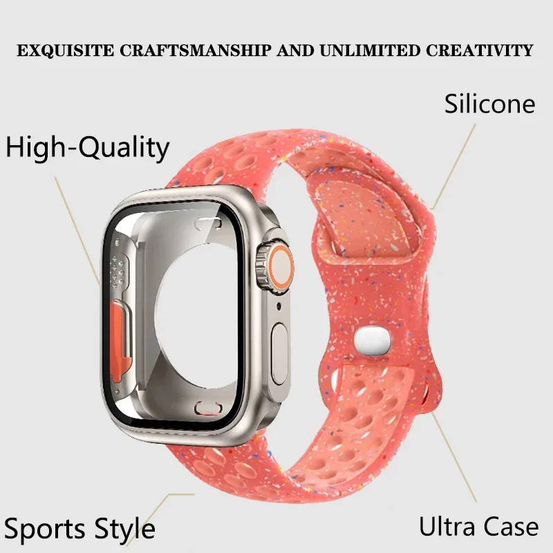 Оригинальный спортивный ремешок и смены на ультракрышку для Apple Watch 9 8 7 45 мм 41 мм, силиконовый ремешок для IWatch 6 5 4 44 мм 40 мм, стекло и фотоэлемент