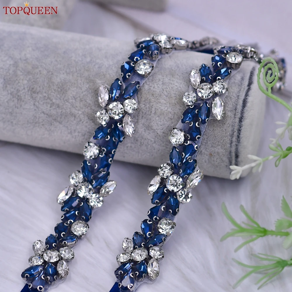 TOPQUEEN Navy Blue Rhinestone Bridal Belt Crystal Applique Belt Wedding Accessories Evening Gown Waist Decoration S437-ML