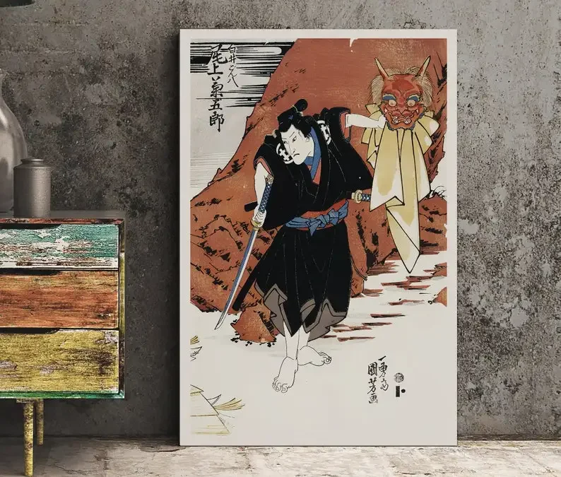 Japanese Print Ukiyo E Samurai With Demon Mask Poster Canvas By Ho Me Lili Wall Art For Living Room Home Decor