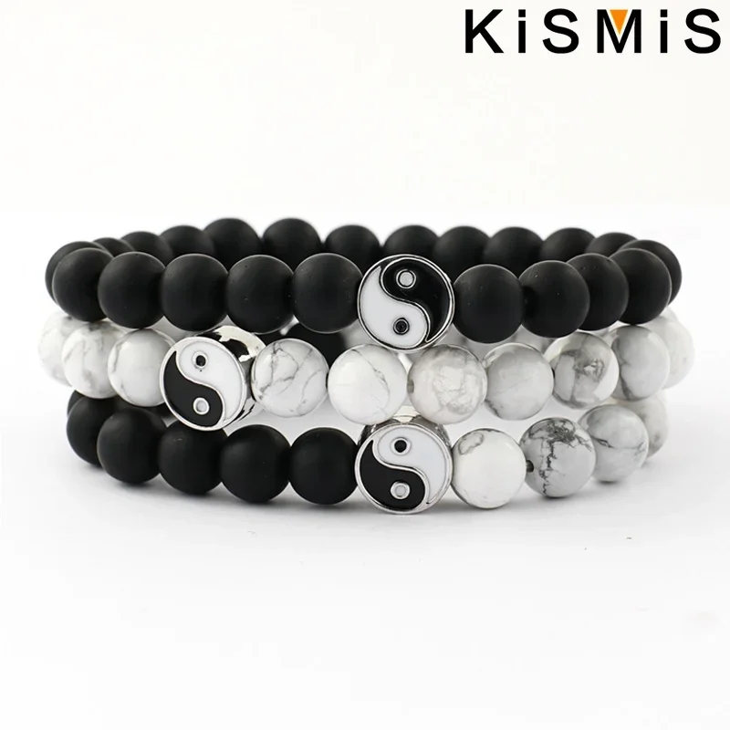 مسافة جديدة كلاسيكية الحجر الطبيعي أبيض أسود يين يانغ سوار مُزين بالخرز للرجال والنساء أفضل صديق هدية #4