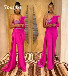 Hot Pink Prom Dresses Jumpsuit Black Girls Feather Evening Dress 2025 Elegant Long Sleeve Satin Beaded Birthday Party Customized