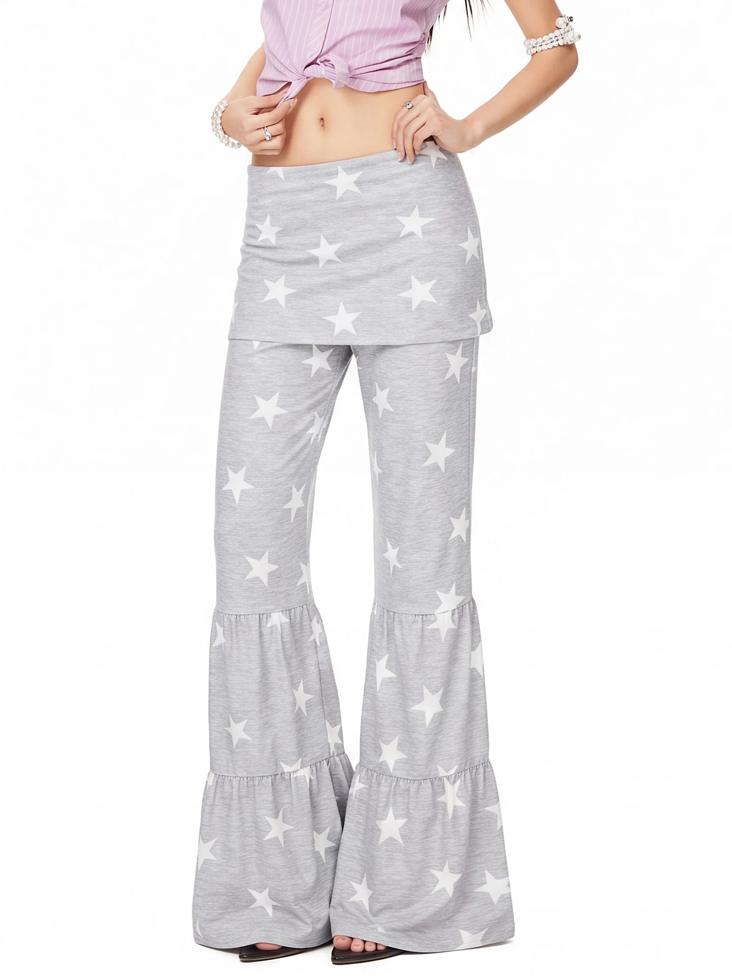 Millennium Girl AntY2K Fake Two-Piece Skirt Pants Women's Star Print Gored Hem Draping Floor-Length Pants Casual Style