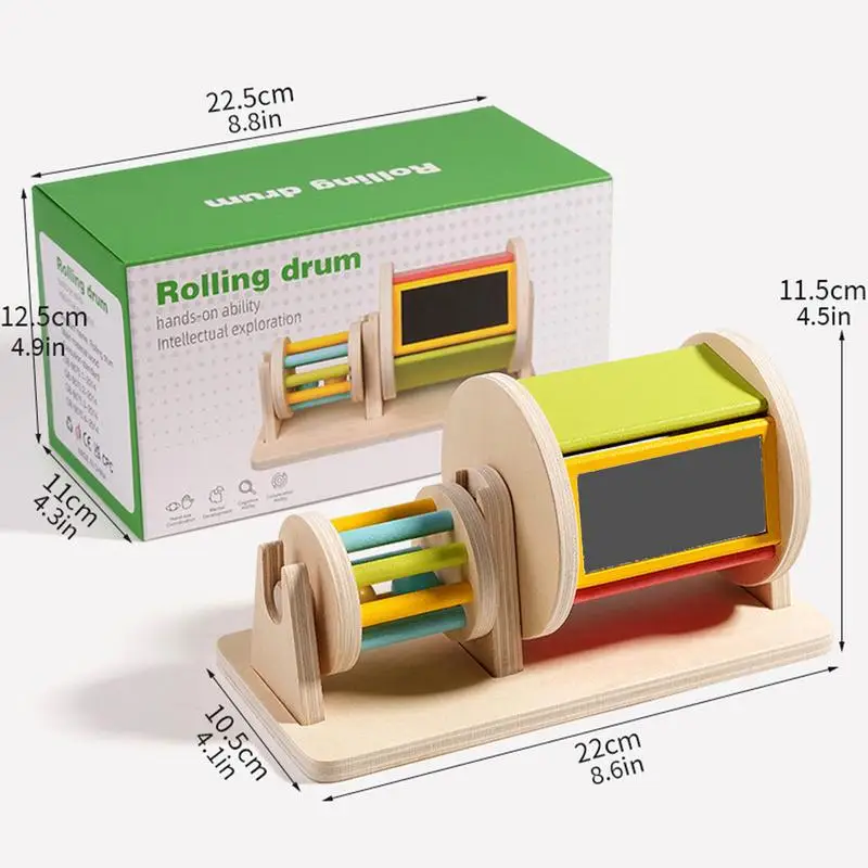 Crianças de madeira rotação tambor brinquedo jogo kit brinquedos sensoriais rolando tambor quebra-cabeças brinquedo rotação arco-íris tambor colorido arco-íris tecido bola kit brinquedos