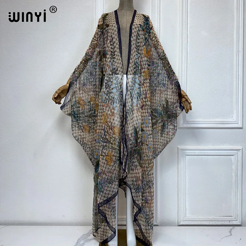 WINYI kimono letnia perspektywa seksowny kardigan sukienka plażowa maxi z nadrukiem Boho Kaftan osłona do bikini wakacyjną stroje plażowe dla kobiet