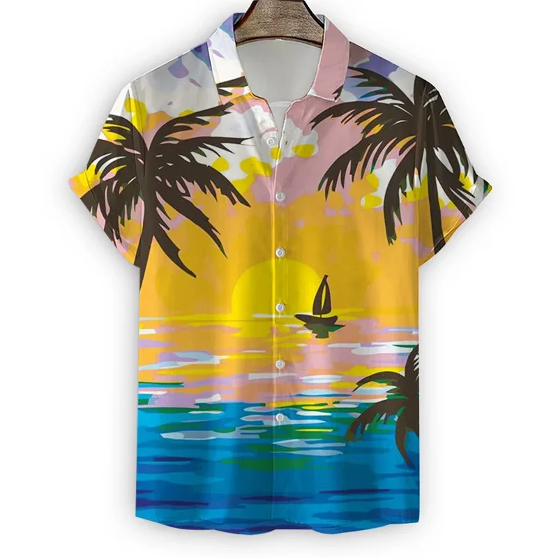 

Hawaiian Palm Trees Shirt For Men Summer Beach Vacation 3d Print T Shirts Short Sleeve Tops Cool Street Button Lapel Blouse