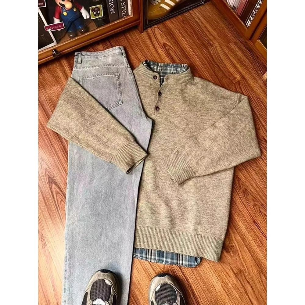 

American Vintage Men's Knitted Sweater Henry Collar Long Sve Base Layer irt Casual Winter Warm Polyester Fiber