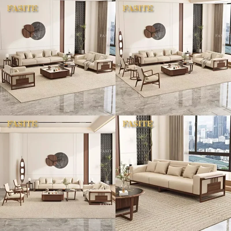 New Chinese Style Solid Wood Sofa Set Modern Simple Zen Furniture for Living Room Villa Small Apartment 3 Seater 4 Seater