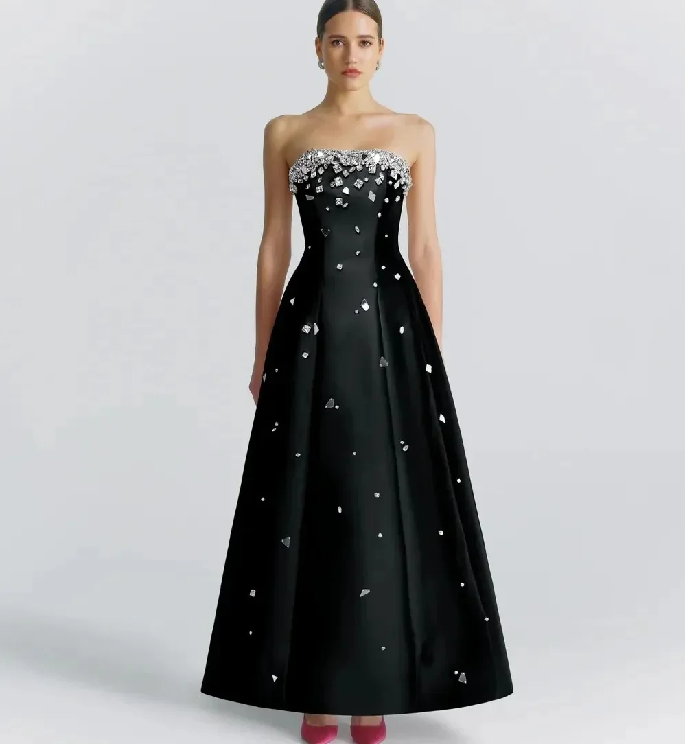 

Luxury 2024 Black Evening Dresses Strapless Crystal Beads Women A-line Prom Party Birthday Wear Arabic Dubai Robe De Soiree