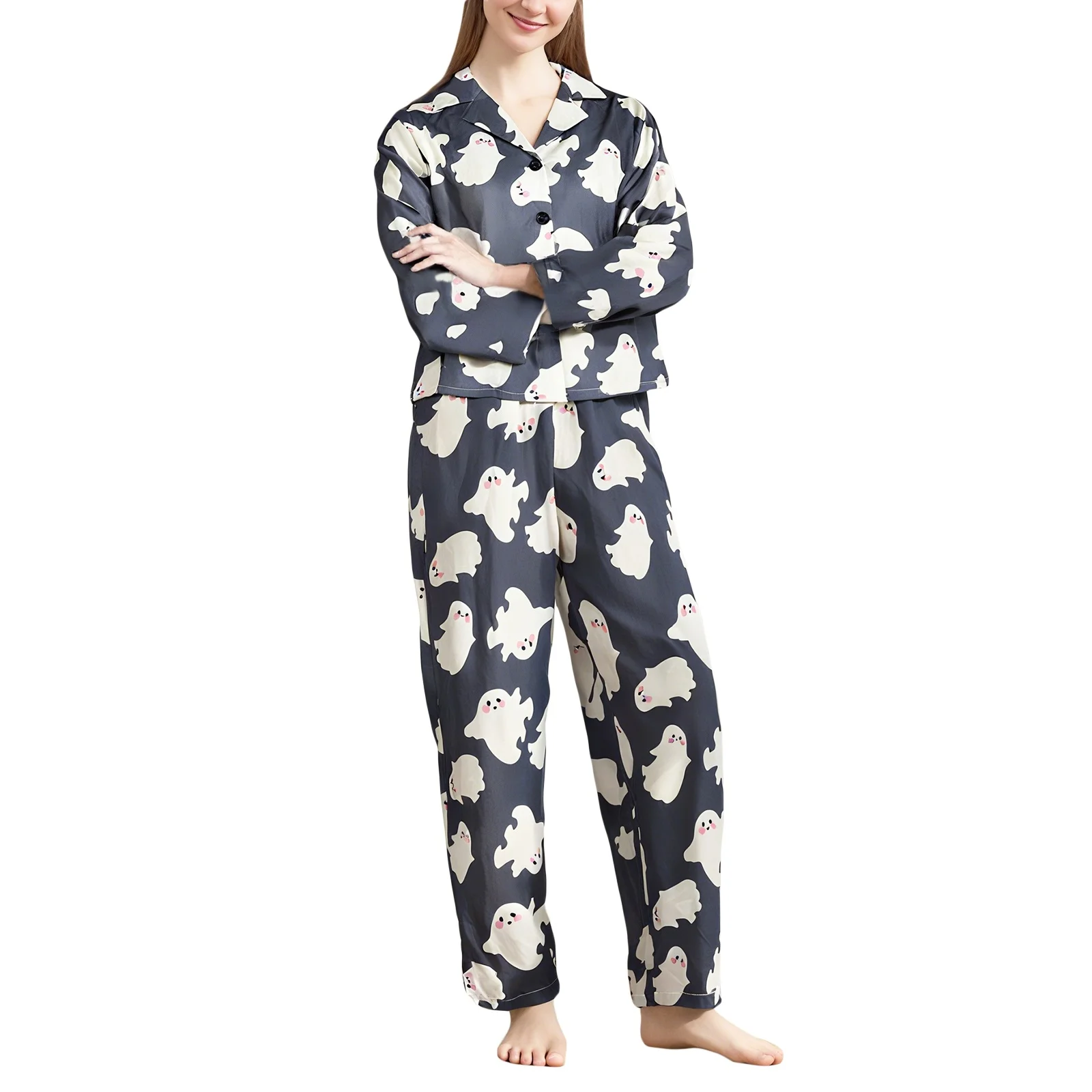 

Women'S Pyjama Set Ghost Print For Halloween Loose With Buttons Long Sleeves Loungewear 2025 Fall Sleepwear