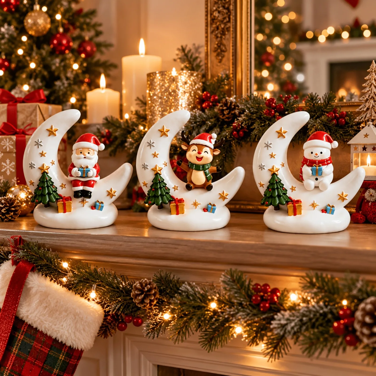 Christmas Resin Figurine Santa Reindeer Snowman Moon Statue Collectible Ornament Winter Tabletop Holiday Home Decor Gift