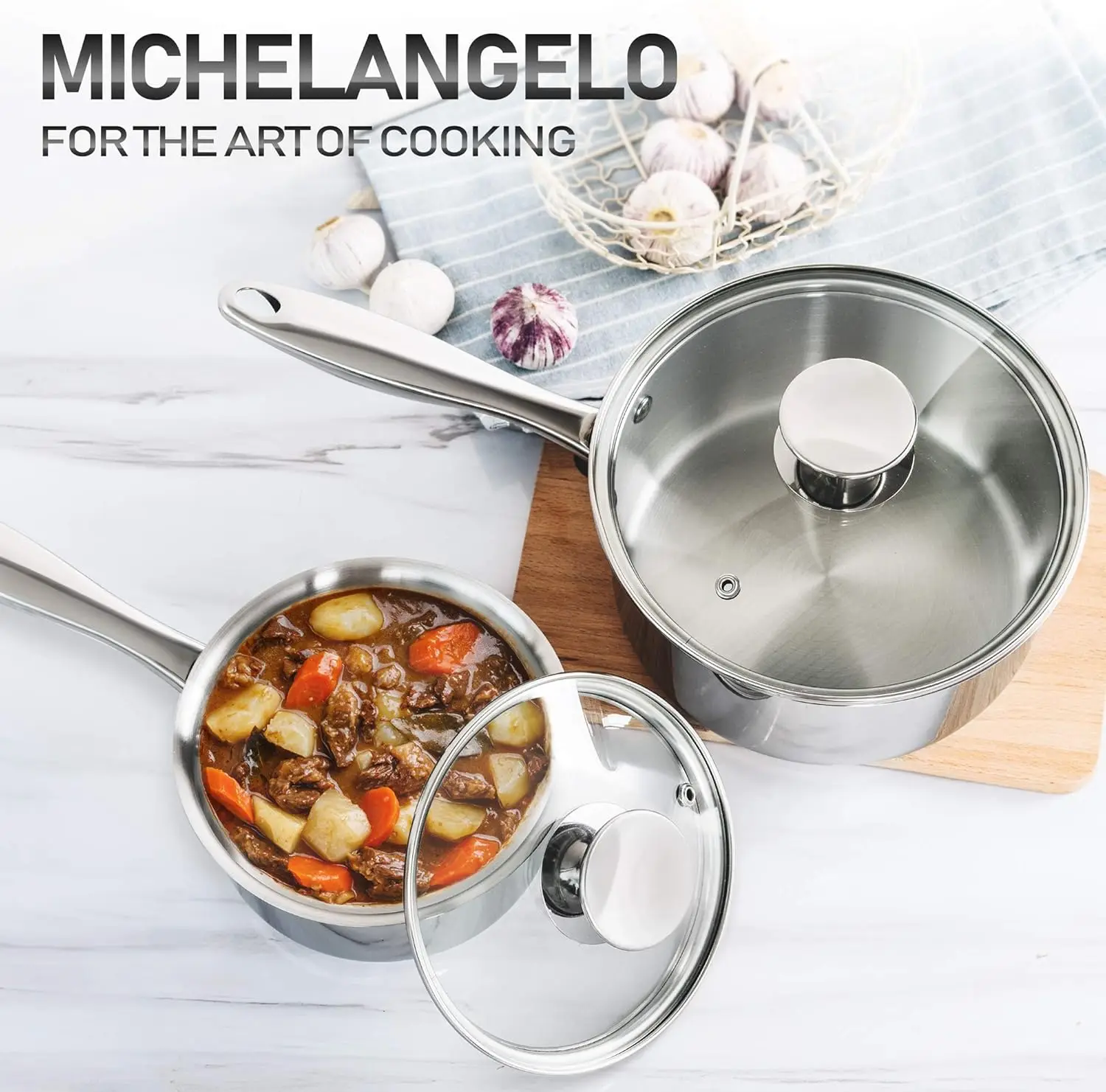 

MICHELANGELO 304 Набор молочных горшков из нержавеющей стали для приготовления пищи 1QT + 2QT Тройное композитное дно кастрюли, можно напрямую положить в духовую