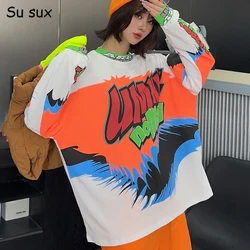 Fashion Trend Ins Letter Sweatshirt Tops Women 2024 Autumn American Vintage O Neck Long Sleeve T-shirt Vestidos Outwears Femme