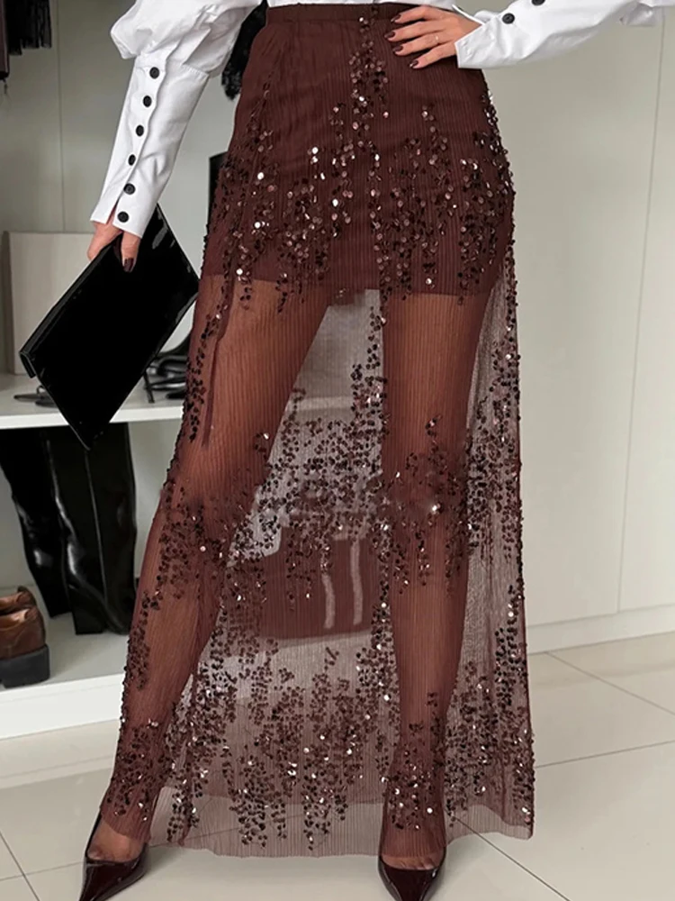 กระโปรงยาวทรงเข้ารูปเอวสูง แต่งผ้าตาข่ายผสมผสาน ประดับเลื่อมวิบวับ ดีไซน์หรูหรา เหมาะสำหรับงานปาร์ตี้ แฟชั่นฤดูใบไม้ผลิและฤดูใบไม้ร่วง