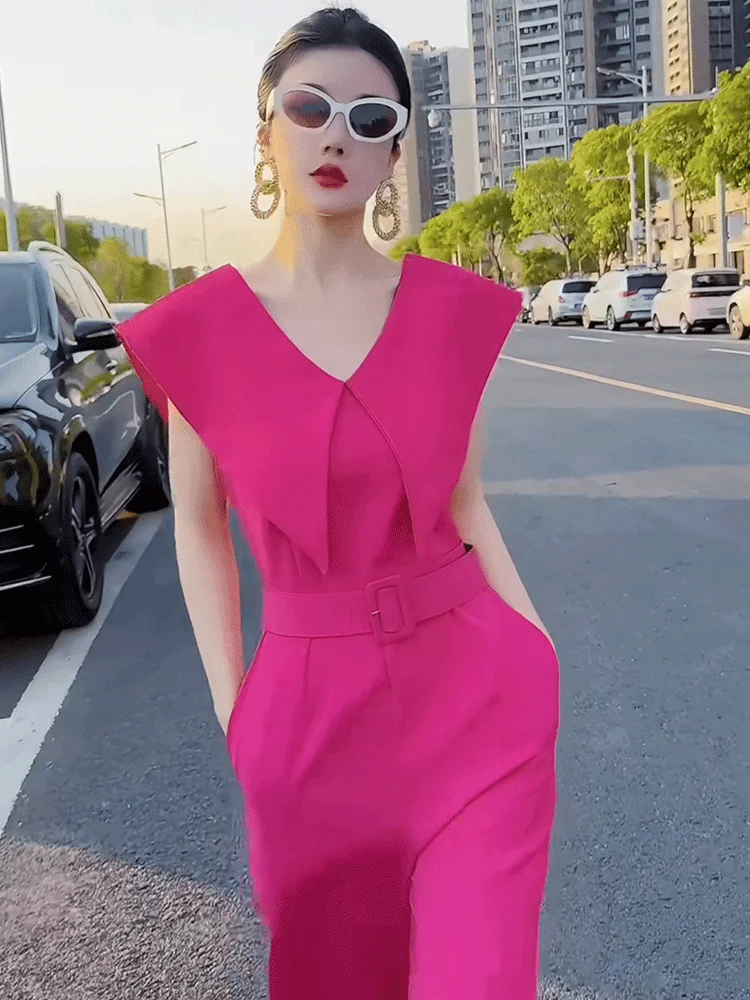 Women Elegant Jumpsuit Solid White Round Neck Cap Sleeves High Waist Wide Leg One-piece Suit Coveralls