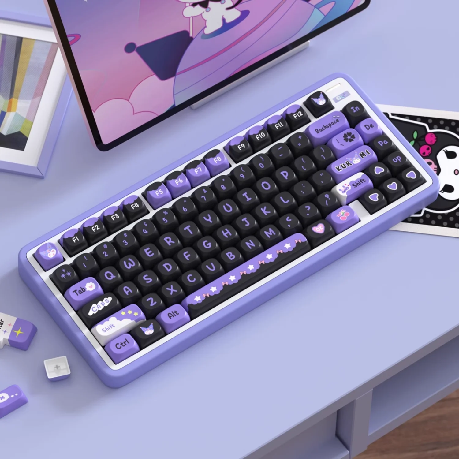 Imagem -03 - Conjunto Completo de Teclado Mecânico para Jogos Teclas Pbt Personalizadas Roxas e Pretas Kurome Meninas 60 64 84 98 108 Pbt