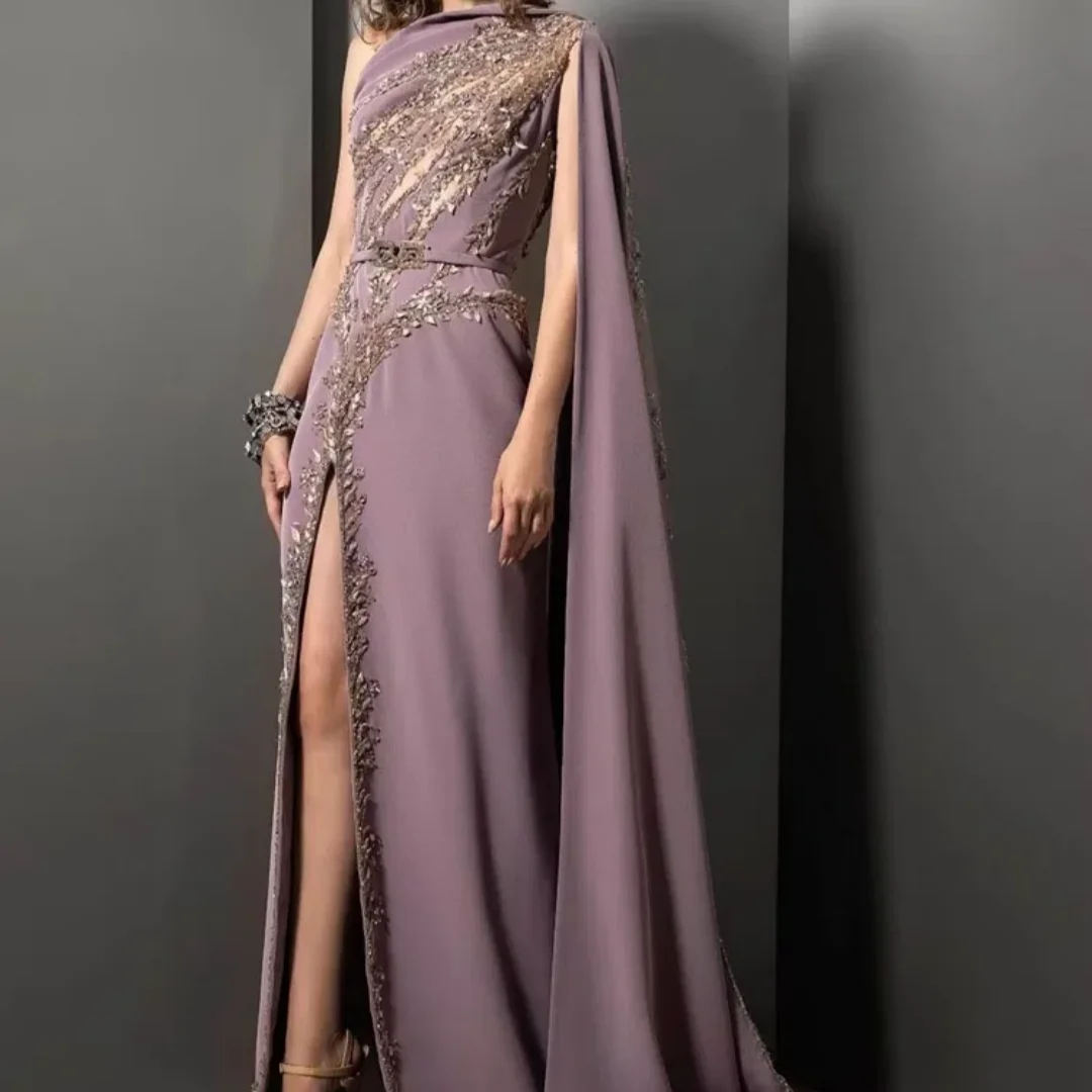 

Elegant Beaded Cape Sleeve Mother Of The Bride Dress For Wedding Purple Evening Dress With Slit Prom Gown Customized