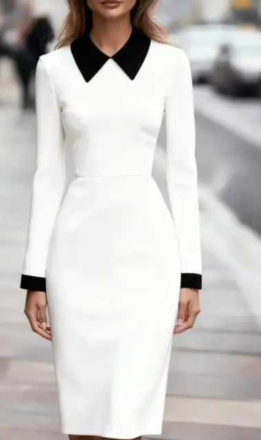 

Autumn Classic Fashion Color Blocked Long Sleeved Bag Hip Skirt Women's Temperament British Style Elegant Commuter Dress