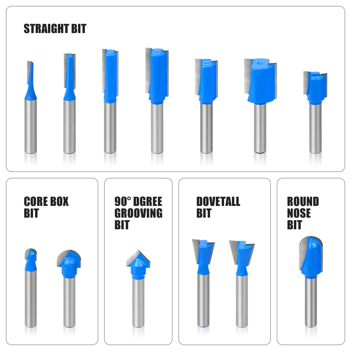 Imagem -03 - Shank Tungsten Carbide Router Bit Grupo Madeira Carpintaria Cortador Aparar Faca Formando Moagem Caixa de Madeira 6.35 mm 35 Pcs