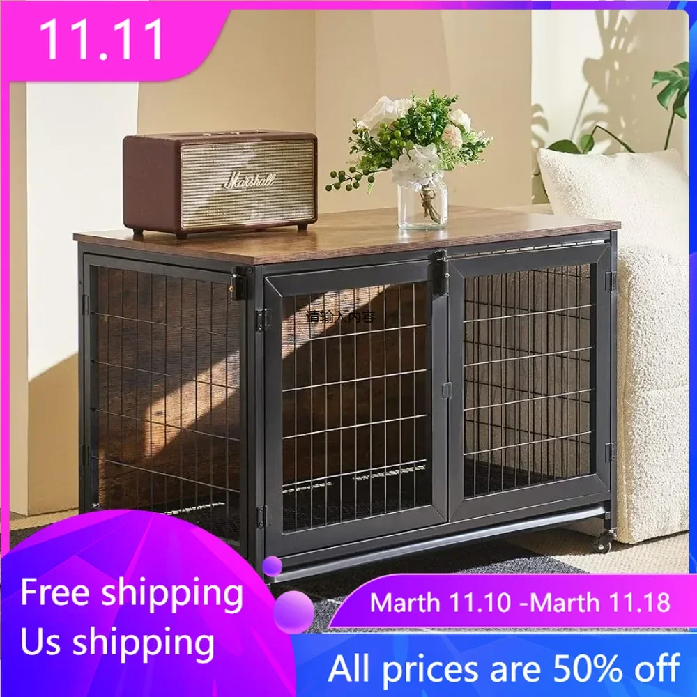 Furniture dog cage with wheels, 110 pound pet puppy indoor furniture style wooden dog house, heavy-duty pet cage house