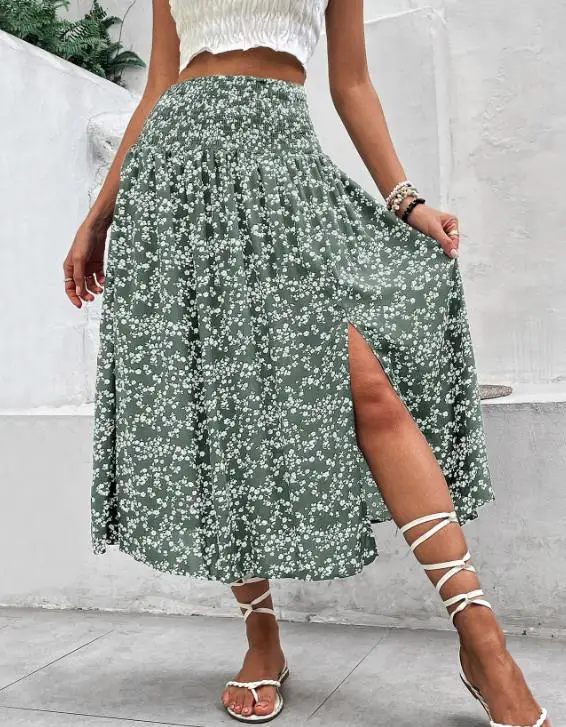 

Women's Skirt Summer New Fresh Countryside Style High Waist Floral Print Slit Design Elegant and Casual Versatile A-Line Skirt
