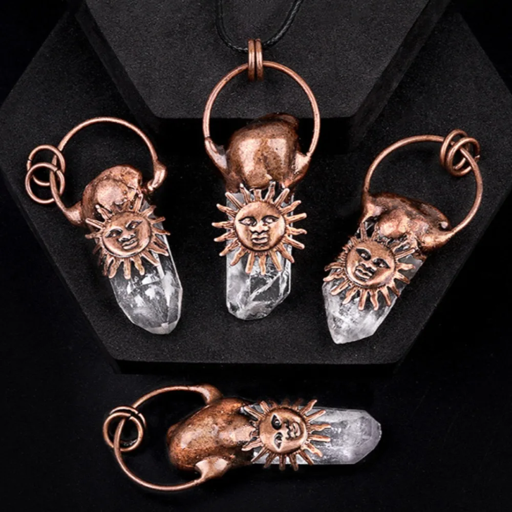 Retro Irregular White Crystal Pillar Pendant Antique Copper Sunflower Soldered Bronze Sun Face Charms for Men Women Necklace