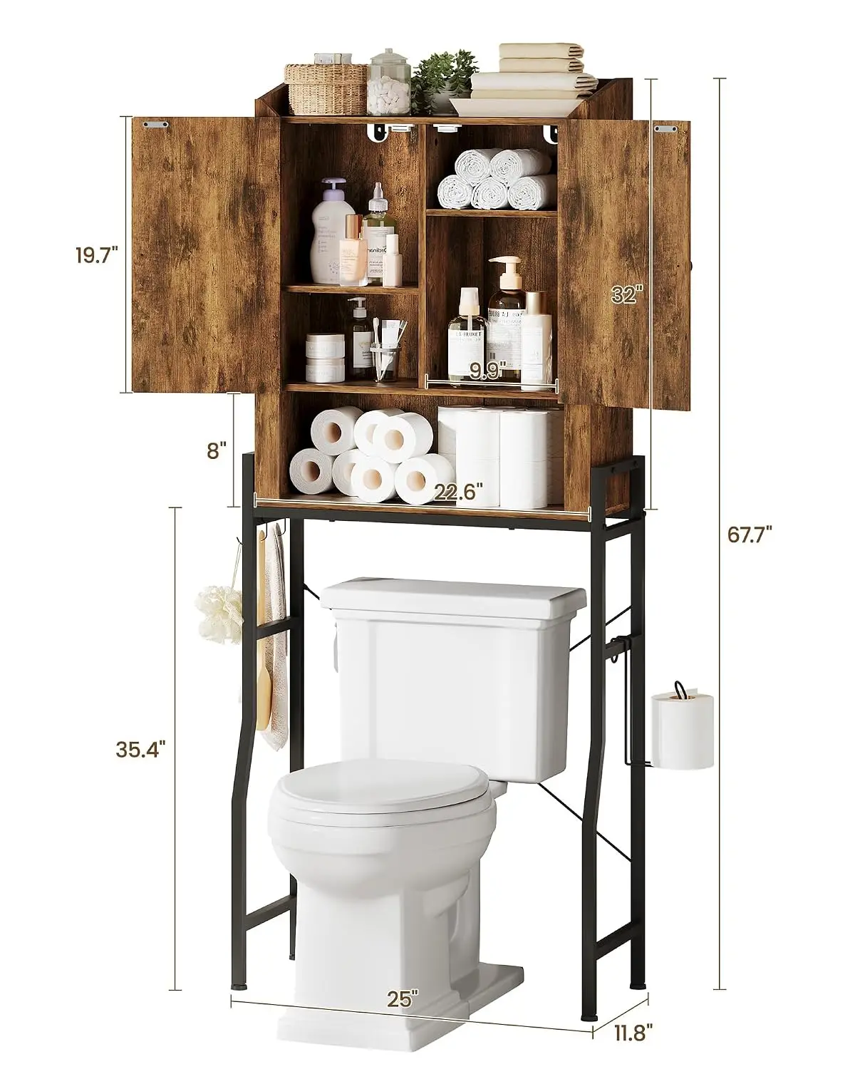Over Toilet Storage Cabinet w/ Metal Stand, Paper Holder, 3 Hooks, Anti-Tip Device, Adjustable Shelves, for Bathroom, Customized