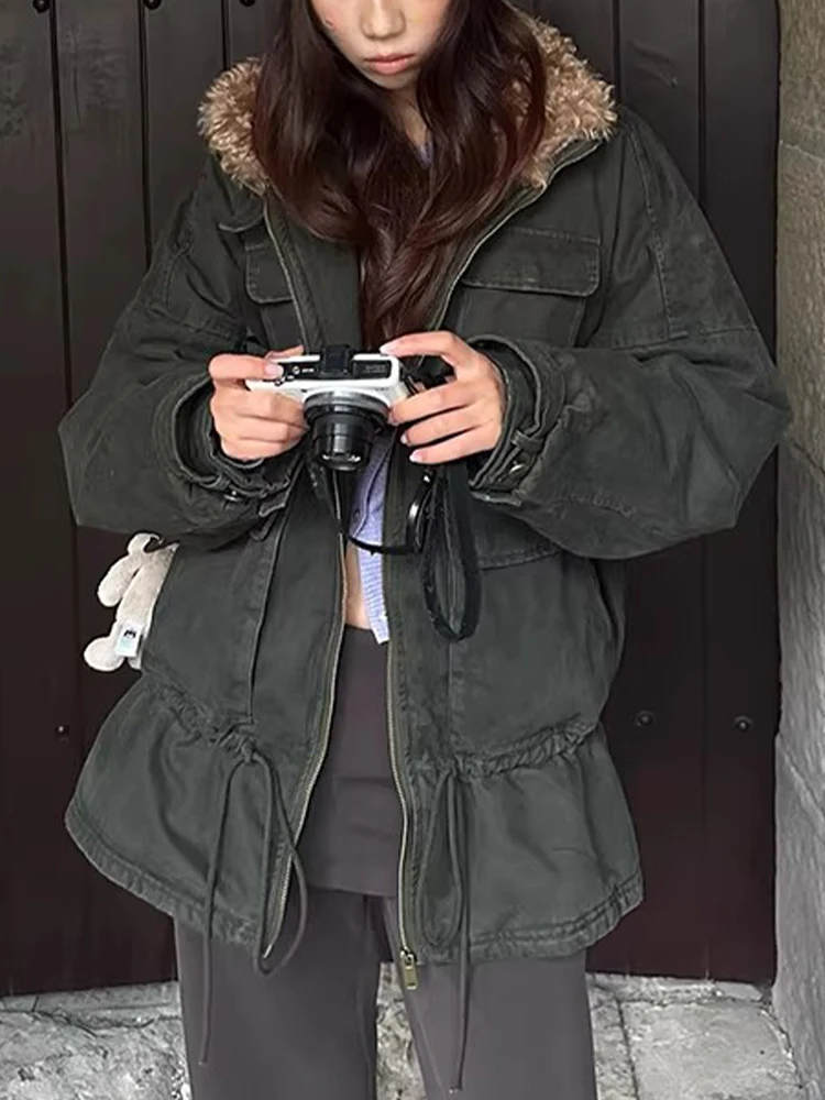 

Retro American Denim down Jaet ort Women's Winter Faionable Versatile Quilted Inner Sve Long Hooded Korean Sle