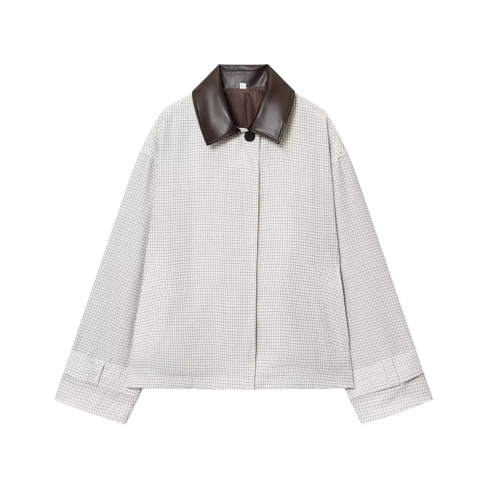 

2025 New Casual Street-Style Leather Collar Jacket Fashionable Plaid Short Coat Women's Loose-Fit Cropped Trench Coat