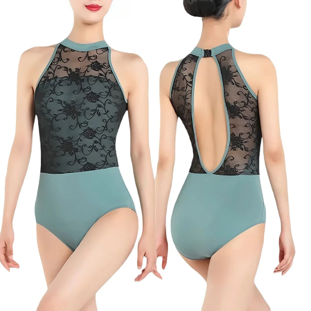 

Woman Ballet Dance Leotards Sleeveless Flocking Splice Stand Collar Gymnastic Leotards Adult Nylon Ballet Bodysuit Dance