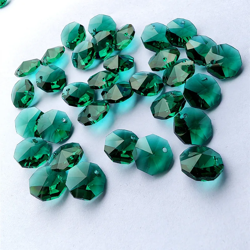Top Quality 100pcs Zircon Green 14MM Glass Crystal Chandelier Octagon Beads In One Hole Light Accessories Curtain Beads Supplies