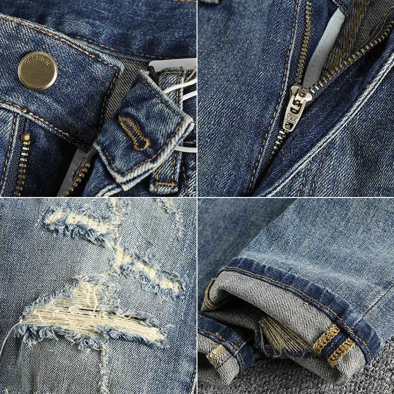 2024 New Retro Washed Hole & Patch Jeans Men's High Street Fashionable Slim Fit Skinny Handsome Cool Trousers