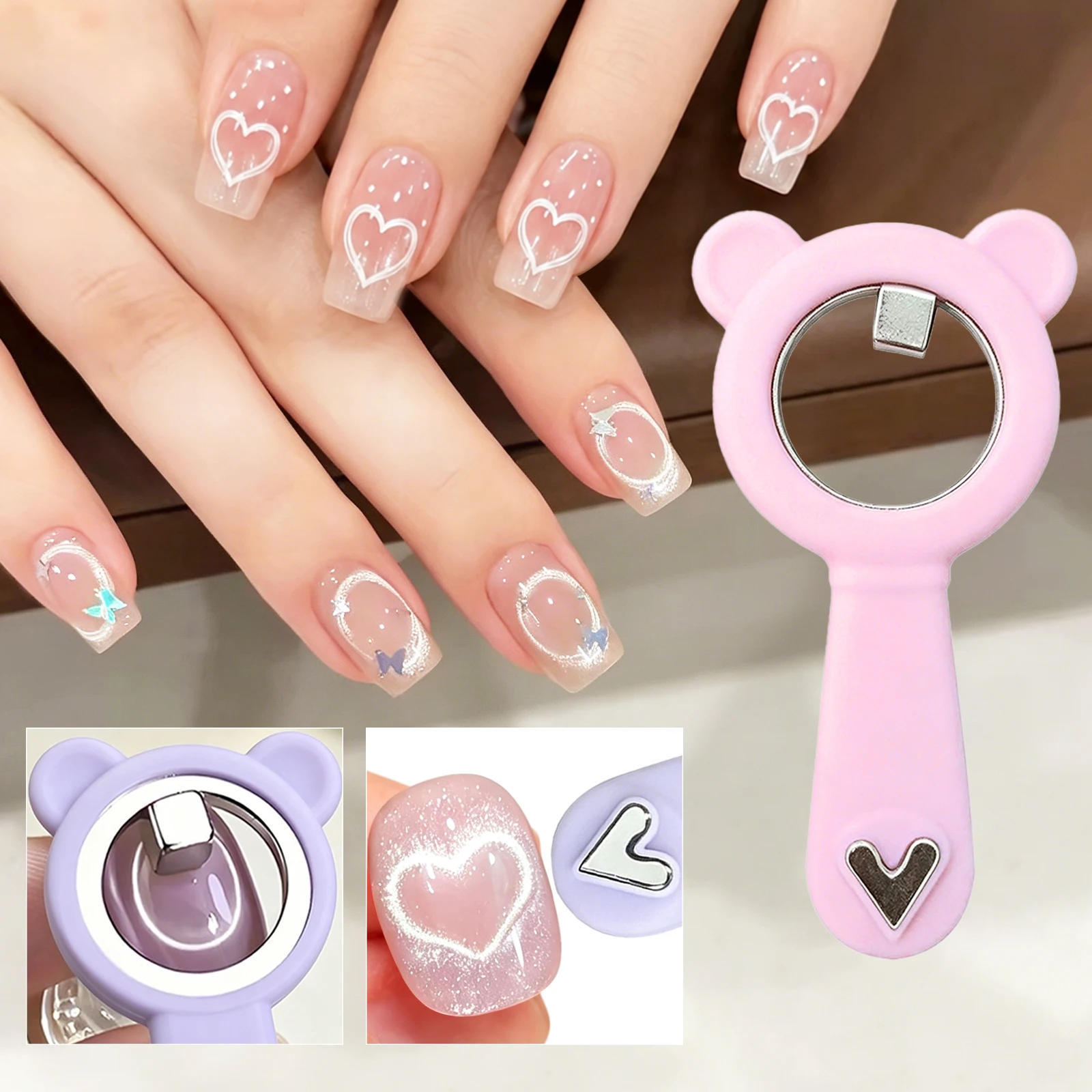 Bear Ear Handle Ring Cat Eye Magnet Stick Strong Magnetic Tool for Black Hole Love Heart UV Gel Nail Art Manicure DIY