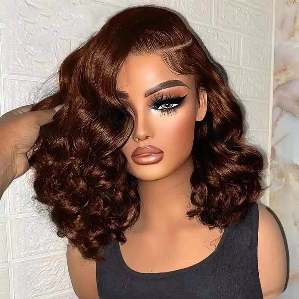 Perruque Bob Body Wave sans colle, couleur marron chocolat, 7x5, cheveux humains brésiliens, grade 4 #   Perruques courtes en cheveux humains avec dentelle frontale HD 13x4