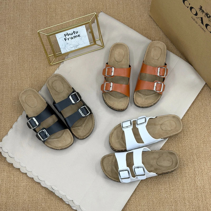 Casual Cork Thick Bottom Men And Women's Slippers With Double Buckles And Open Toes Versatile Flat Bottom Breathable Sandals