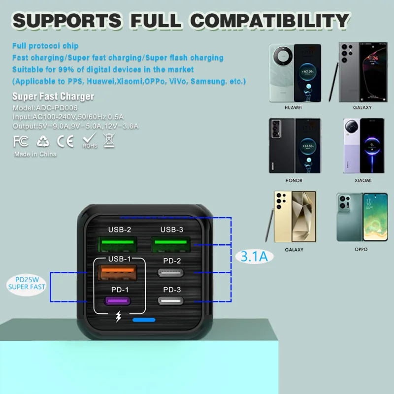 New 150W Multi-Port Charger 3Usb+3Pd Mobile Phone 6-In-1 Multi-Port Charging Head 5V3.1A Fast Charger Uk Plug Us Plug Au Plug