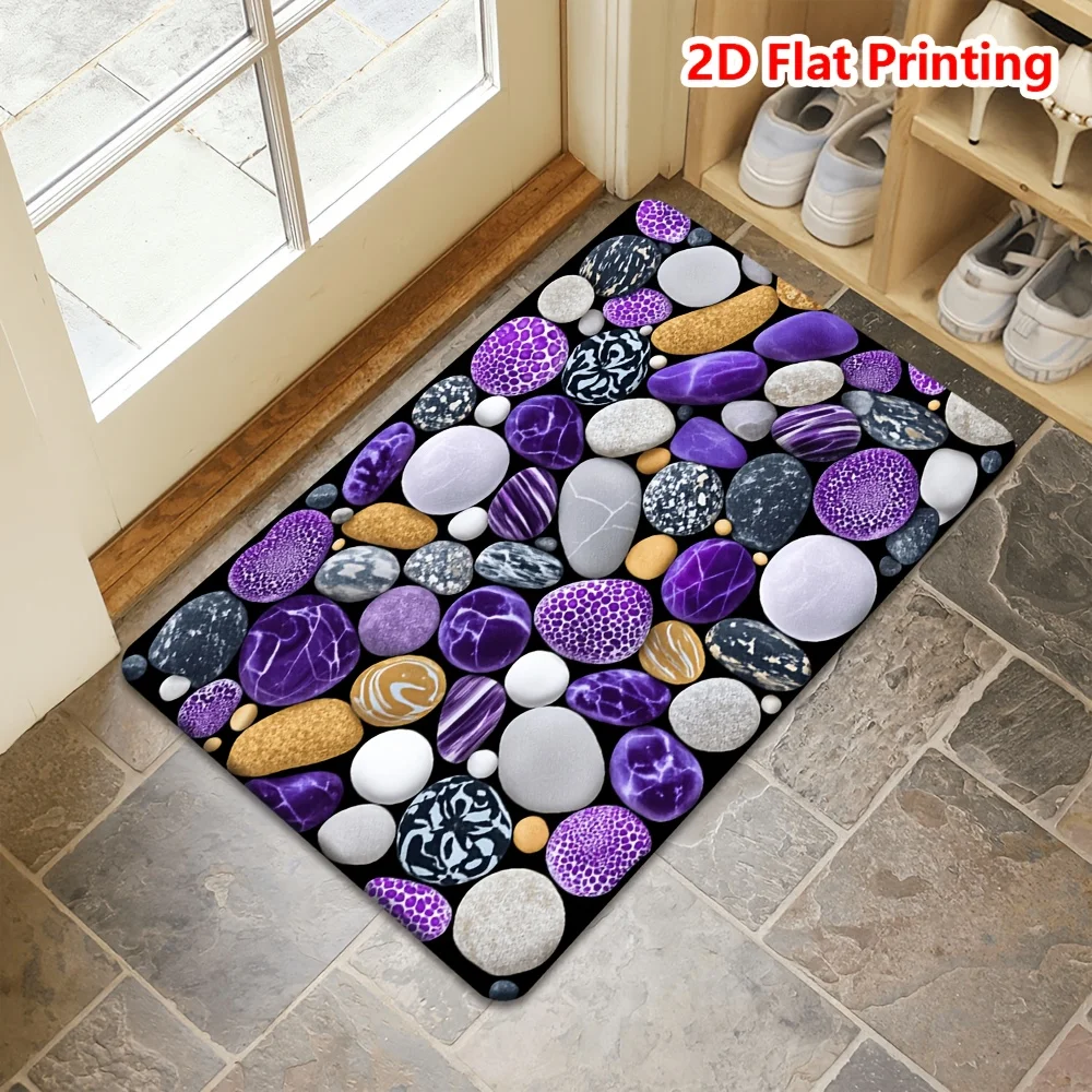1pc 2D Flat Colorful Gemstone Pebbles Purple Gold Flannel Doormat Non Slip Luxury Stone Rug For Entryway Kitchen Floor Decor