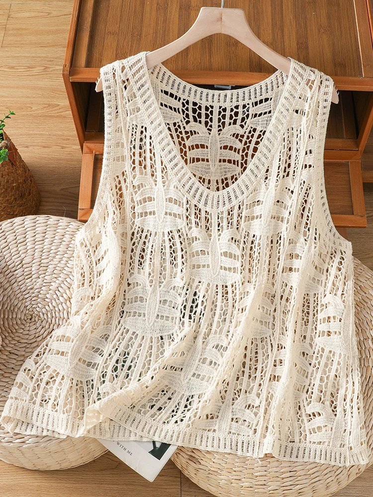 

Summer New Hollow out Vest Large Size Women's Loose Outerwear Sleeveless Overhead Cover up Shoulder Top Artistic Commute Style